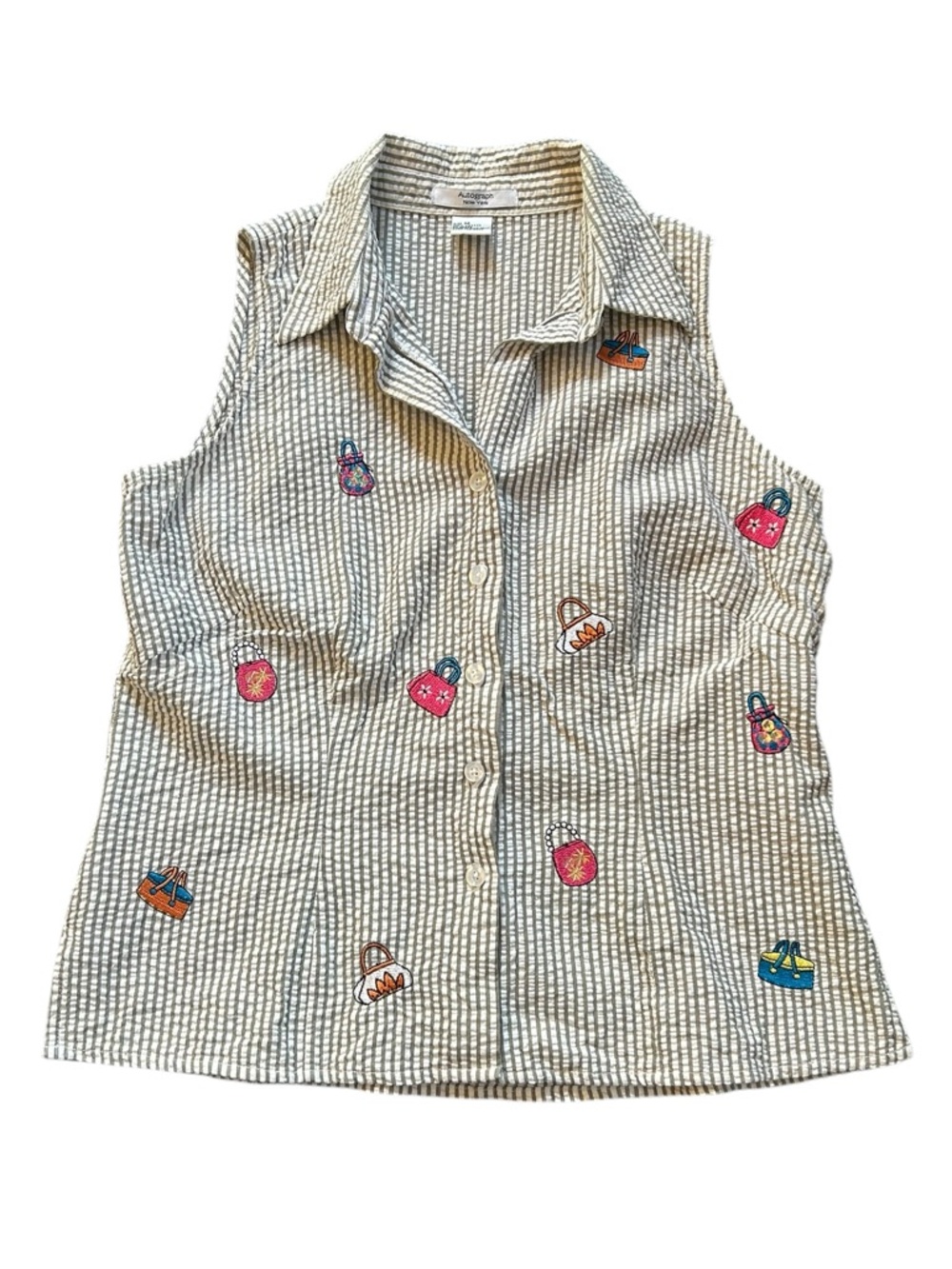 VTG Seersucker Embroidered Novelty Handbag Button Front Top Cotton Camp Shirt S